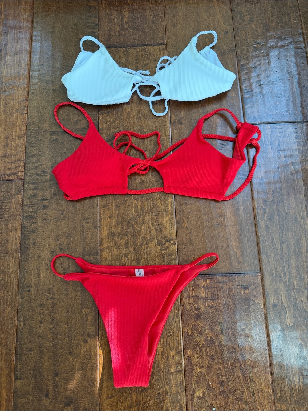 Red Ribbed Bikini Set with White Top
